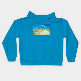 Great Blue Heron Flying Over Ocean Beach Kids Hoodie